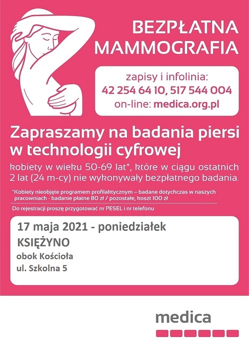 Plakat mamografia 17 maja 2021 Księżyno